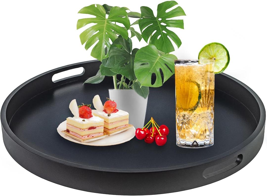 Large Round Black Tray, 20" Extra Large Black Ottoman Tray, Wood Serving Trays, Decorative Trays with Handles for Home Kitchen