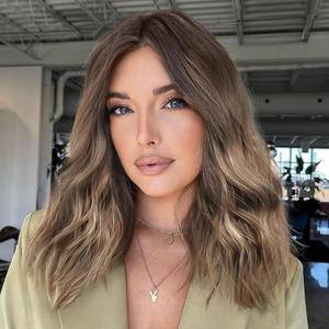 Ash Brown Wigs for Women,Brown Balayage Shoulder Length Curly Wig,Middle Part Synthetic Wig for Daily Use Party 16IN