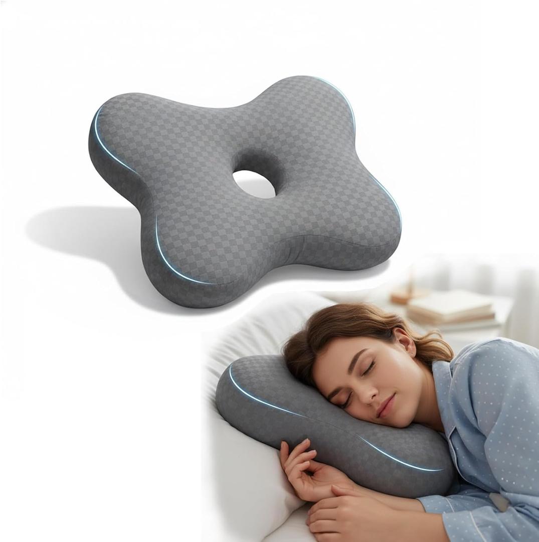 Pozico Piercing Pillow with Hole  Butterfly Shape Side Sleeper Pillow for Ear Pain Relief, CNH, Surgery Recovery  Adjustable Filling, Ergonomic Support & Washable Cover (Grey)
