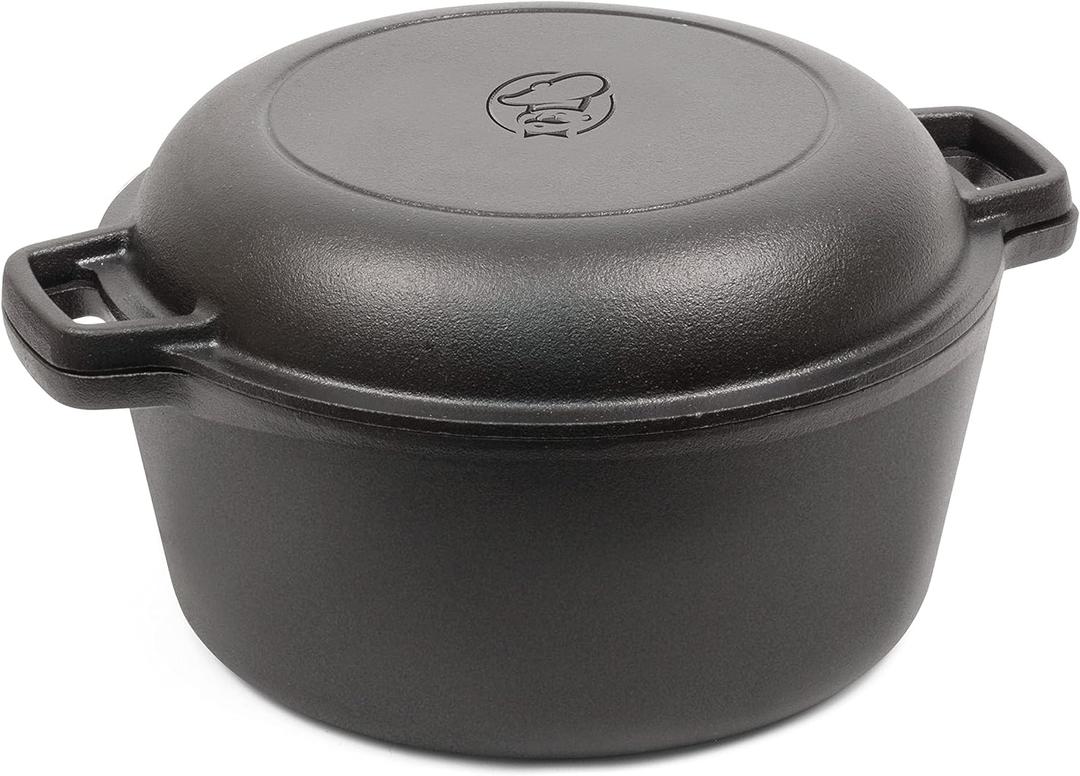 Commercial Chef 2-in-1 5-Qt. Dutch Oven with 10.25-Inch Skillet Lid, Pre-Seasoned Cast Iron, Works on All Cooktops Including Induction, Outdoor Cookware for Campfires or Grills, CHFL508