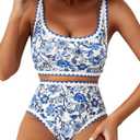 Herseas Women's Bikini Sets Floral Print Whip Stitch 2 Piece Swimsuits High Waisted Scoop Bathing Suits (Large, Blue)