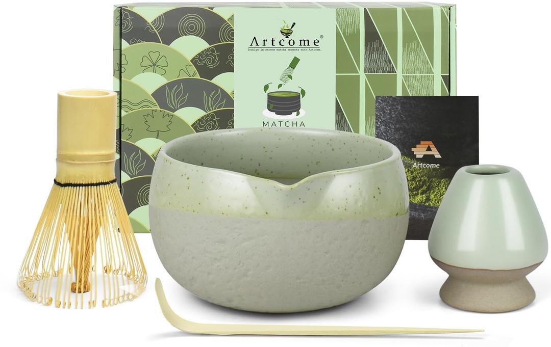 Artcome Matcha Tool Set - Complete Kit with Matcha Bowl with Spout, Bamboo Whisk, Tea Scoop, Whisk Holder, Scoop Holder, Tea Cloth & Powder Strainer, Golden Glaz