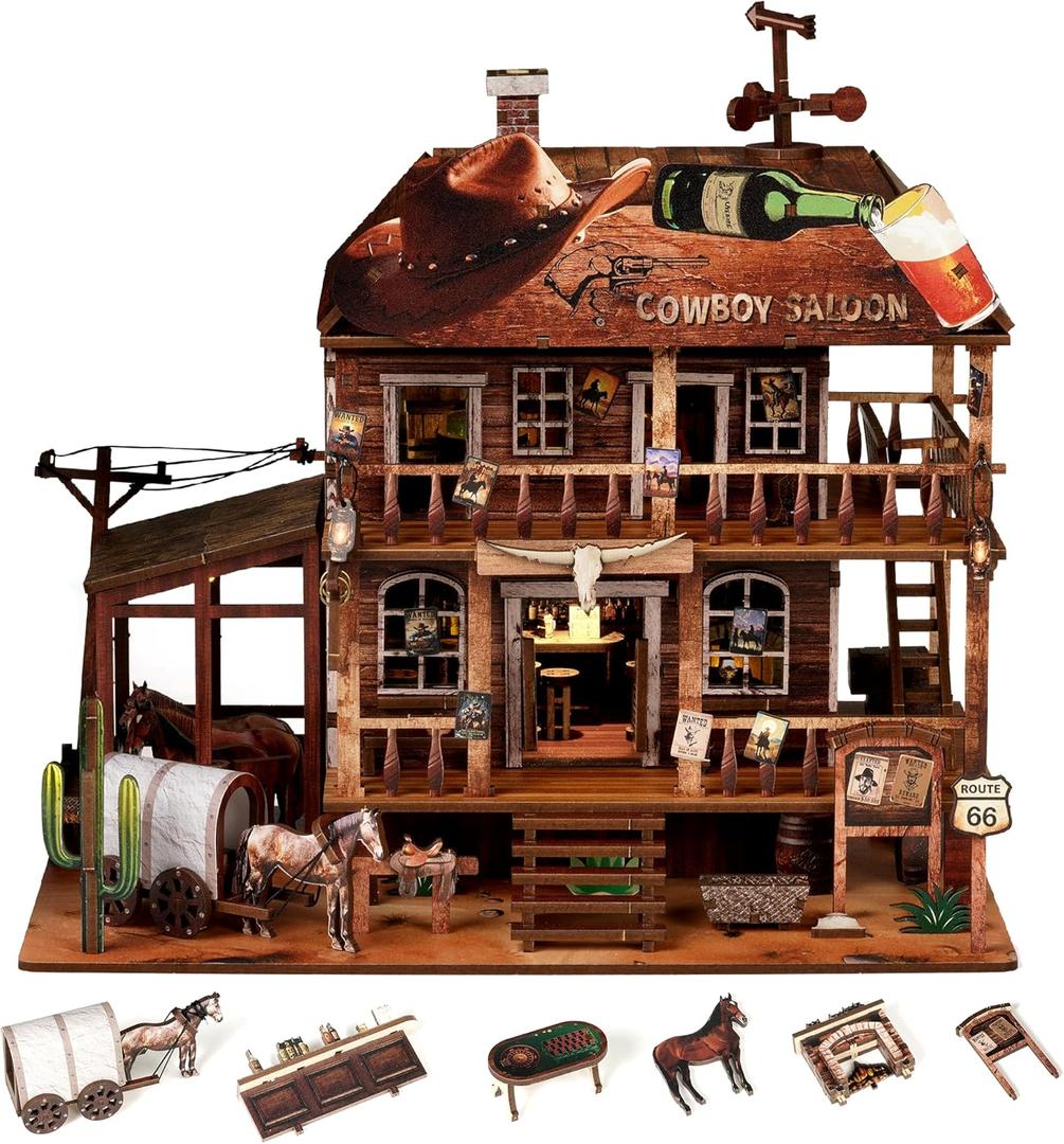 Cowboy Saloon Miniature Kit - DIY Miniature House Kit for Adults, Teens, Dollhouse Booknook Bookshelf Insert Decor with LED Light, 3D Wooden Puzzle Gifts for Family, Friends