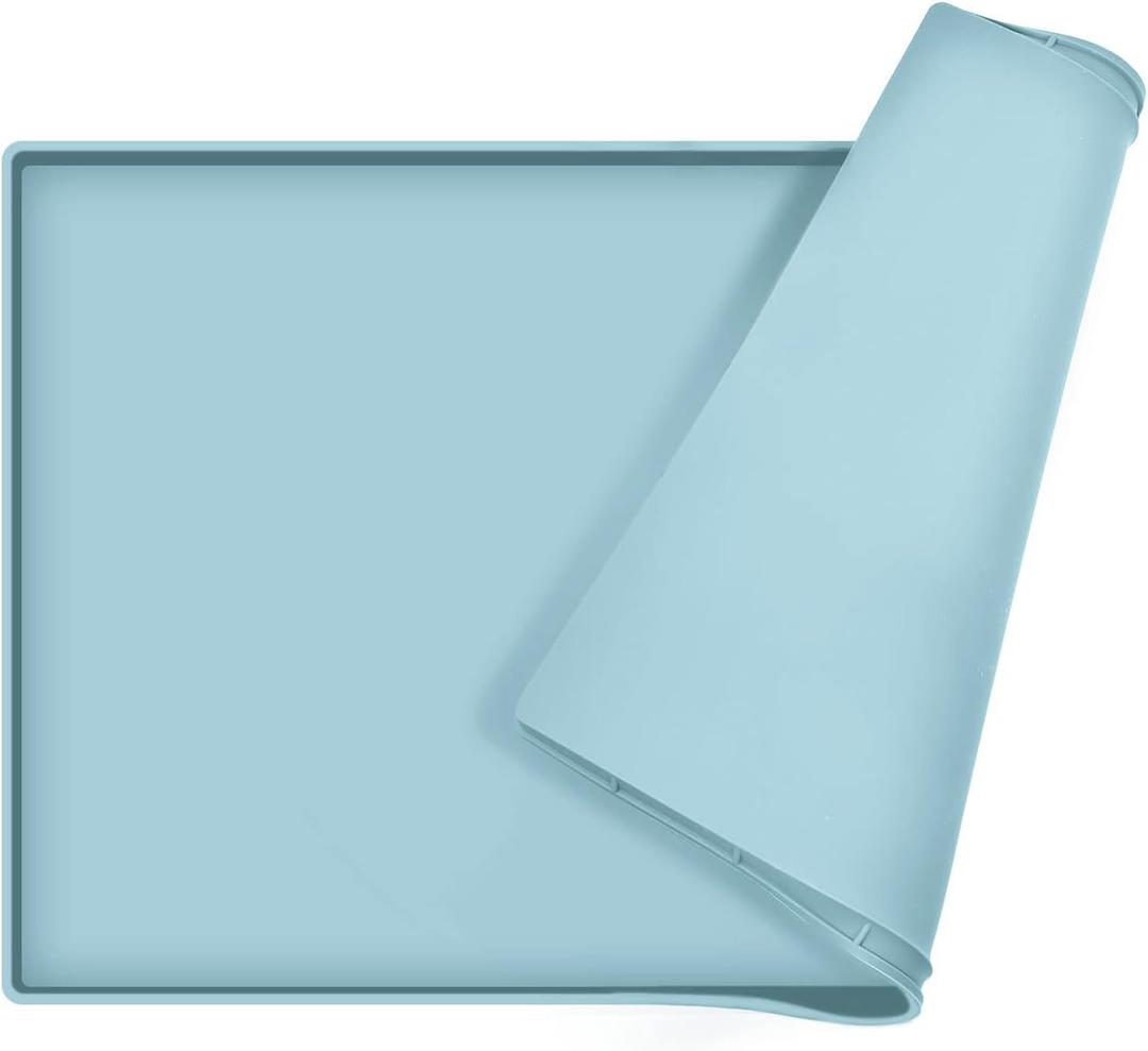 Dog Food Mat,Silicone Waterproof Food Tray,Non Slip Pet Bowl Mats Placemat,0.6" Raised Edge,Suitable for Most Small and Medium Sized Pets,18.5" x 11.5" (Battleship)