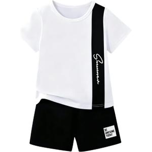 Ayzozuy Boy Clothes Colorblock Top + Drawstring Waist Shorts 2 Pieces Kid Summer Outfits Set