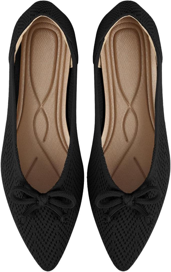 Women's Ballet Pointed Toe Flats Comfortable Dressy Casual with Bow Washable Knit Flat Shoes ( Size 8.5, Black)