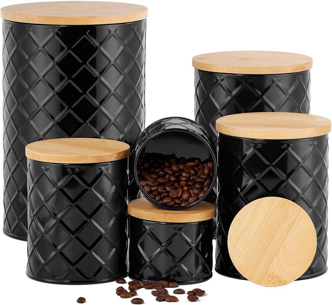 FavorFlavor Kitchen Storage Containers for Countertop Set of 6,Food Containers with Airtight Lids,Flour and Sugar Storage Containers,Black Canister Set for Coffee and Tea,Farmhouse Kitchen Decor