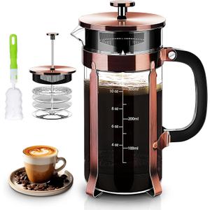 French Press Coffee Maker 304 Stainless Steel Coffee Press,with 4 Filters System, Heat Resistant Thickness Borosilicate French Press Glass, BPA-Free Brewed Tea Pot Coffee Plunger(Copper 12oz)