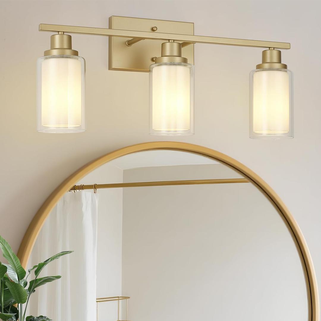 Jonsi Bathroom Vanity Light 3-Light Gold Vanity Lights 23.5" Bathroom Light Fixtures Over Mirror with Double Clear Glass Modern Wall Sconces for Living Room Hallway Bedroom