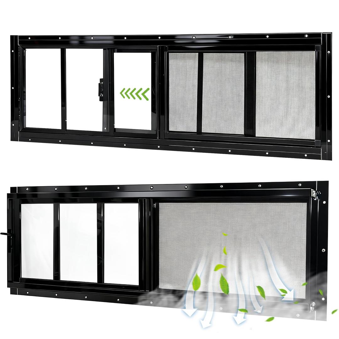 Yuzzy Shed Windows 2 Pack, 12"x36" Sliding Windows Transom Window with Tempered Glass and Removable Fiberglass Screen for Shed, Chicken Coop, Playhouse, Household, Garage, Barns (Black)