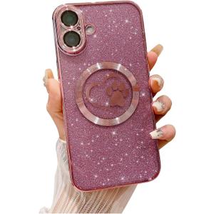 2 x Compatible for iPhone 16 Case Glitter Clear Paw Love Heart Compatible with MagSafe, Camera Lens Protection Soft Slim Thin Magnetic Bling Phone Case - Pink