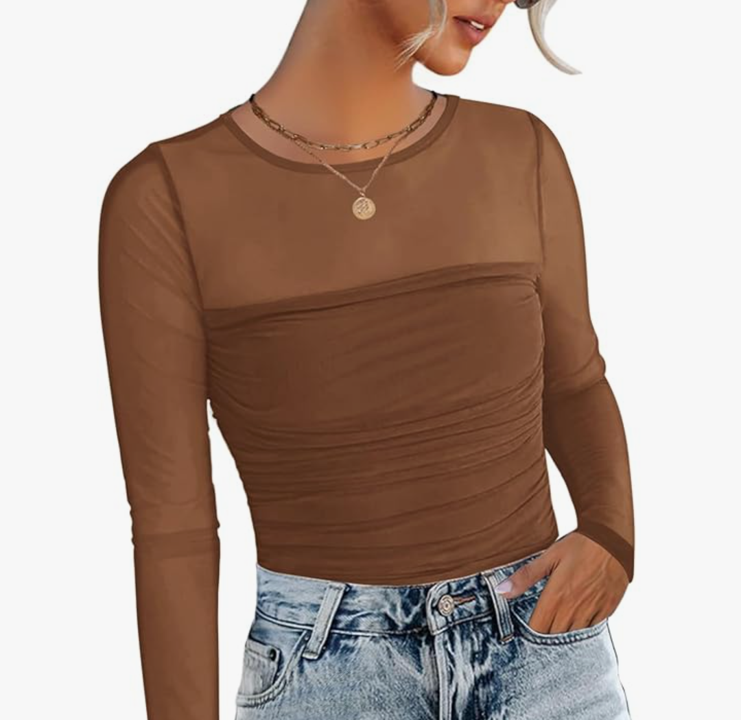 Zeagoo Women's Mesh Blouses Sexy Sheer Long Sleeve Shirts Crew Neck Going Out Tops Fall Lace Clothes M