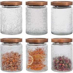 6 Pack 24oz Vintage Glass Jar with Wooden Lid  BPA-Free, Airtight Food Storage Canister for Kitchen Counter, Pantry, Coffee, Sugar, Spices & Dry Foods