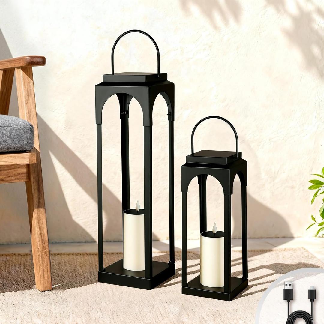Large Solar Outdoor Lanterns, 26" 18" Tall Farmhouse Black Metal Waterproof Decorative Lanterns with Solar Candles for Front Porch, Patio, Christmas, Fall Decor- Set of 2