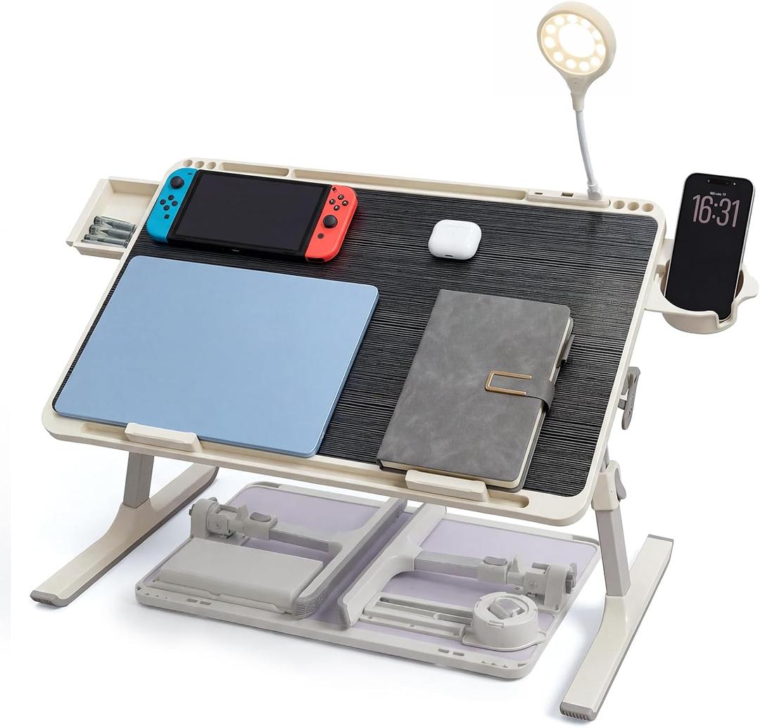 Foldable and Adjustable admireshun Laptop Bed Table with Hidden Drawer, Cup Holder, USB Voice-Controlled Night Light, Black, 23.6"x15.7", Suitable for Working, Gaming