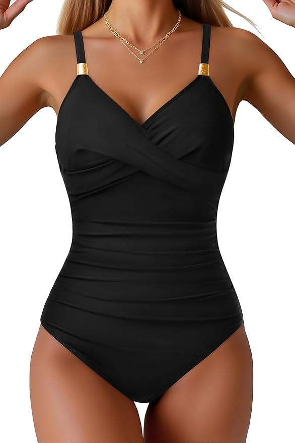 Tempt Me Womens One Piece Swimsuit - Tummy Control Bathing Suit V Neck Metal Twist Front 2025 Swimwear 11-12
