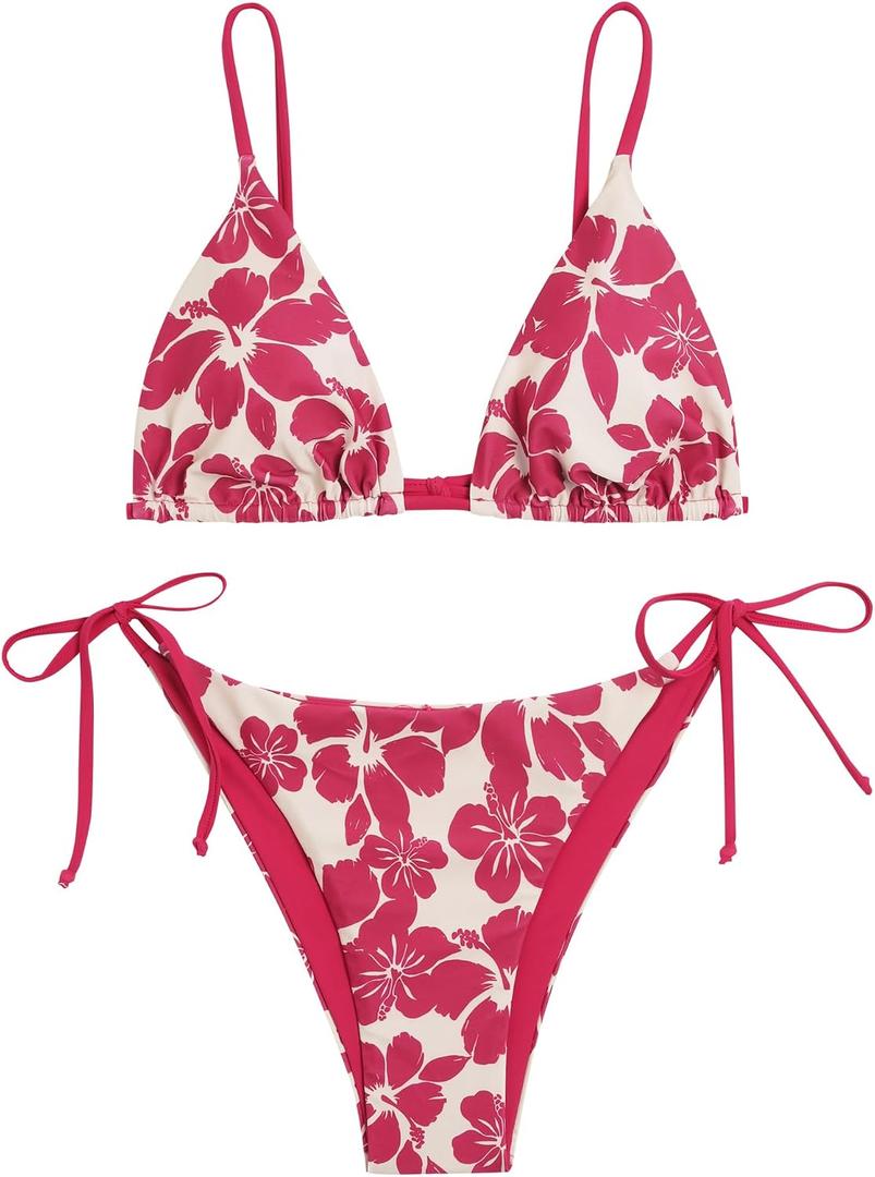ZAFUL Women's Triangle Bikini Floral String Bikini Set Two Piece Swimsuit Bathing Suits (Pink, M)