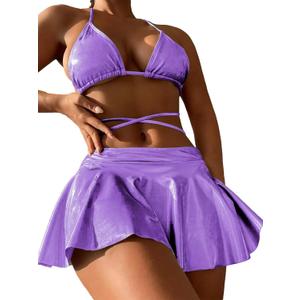 DaiLiWei 3 Piece Swimsuits for Women Festival Rave Outfits Metallic Glitter Bikini Sets Sexy Bathing Suit Beach Skirt 2026 (Purple, S)