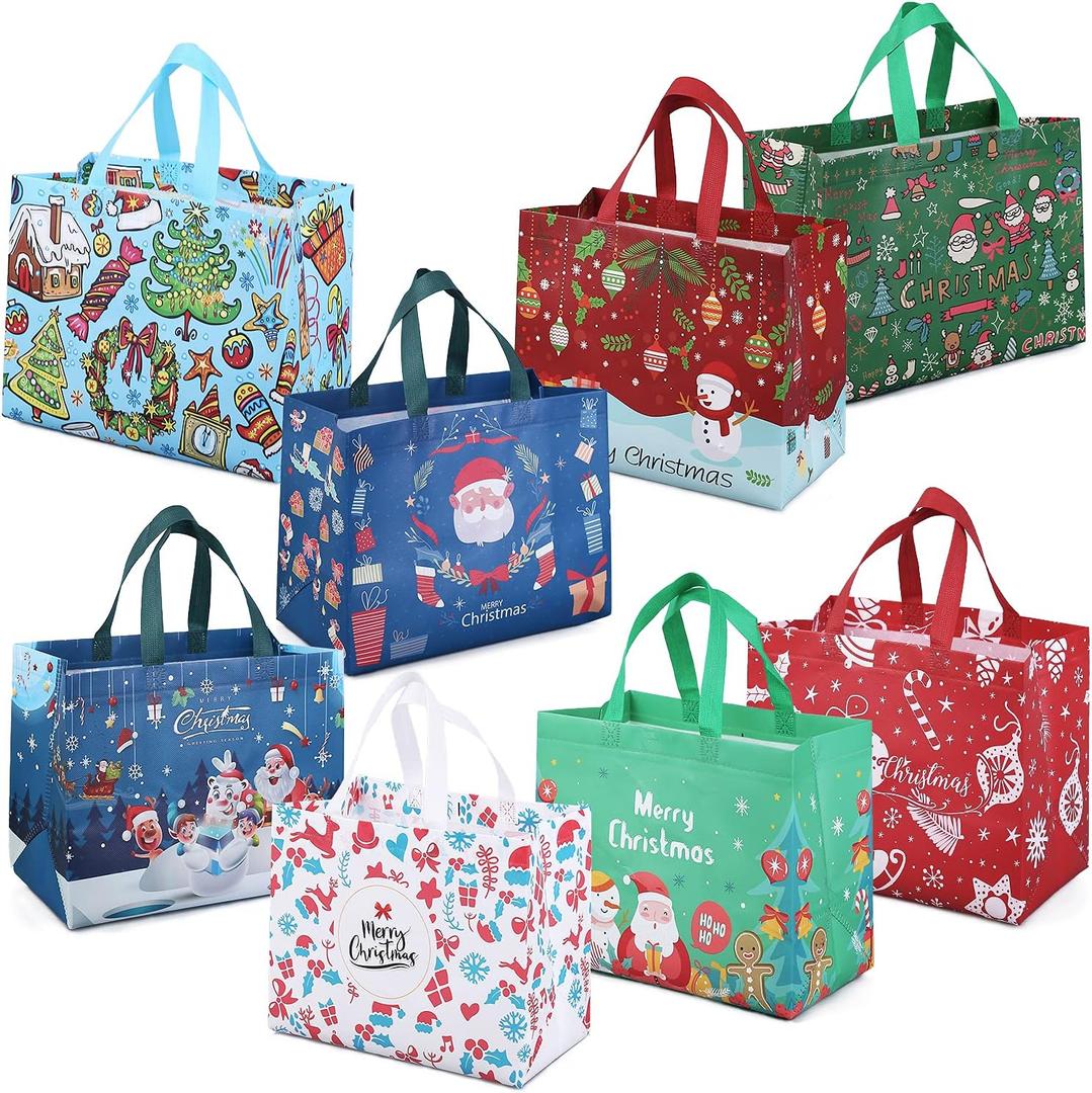 PARSUP 8PCS Christmas Gift Bags, Non-Woven Christmas Bags with Handles, Treat Tote for Gifts Wrapping Shopping, Xmas Party Supplies (Red, Green, Blue, White)