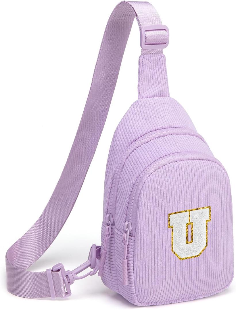 Viverte Small Corduroy Sling Bag Initial Crossbody Bag Fanny Pack for Girls Personalized Birthday Gifts for Teen Girls Gifts (Lavender)