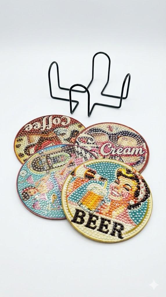 4 Pcs Diamond Painting Coasters Set with Holder, Beginners DIY Diamond Art Coasters Crafts for Adults,Diamond Painting Kits Circular Coaster Suitable for Gifts and Office Home