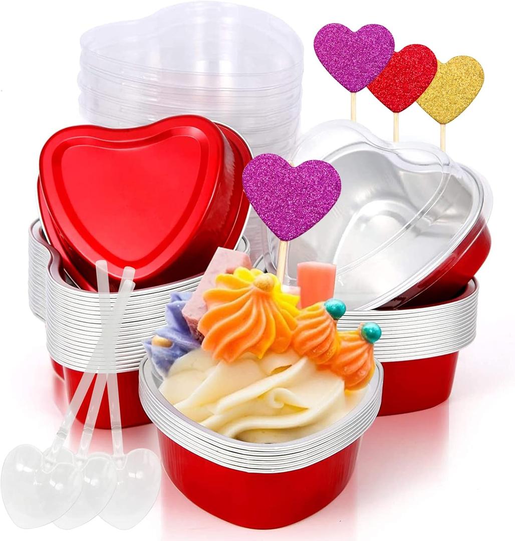Heart Shaped Cake Pans Valentines Aluminum Mini Cake Pans with Lids for Baking 30 Packs 3.4 Ounces Disposable Cupcake Cup Pan Baking Pans for Valentine Mother's Day Wedding Birthday Baking Supplies (Red)