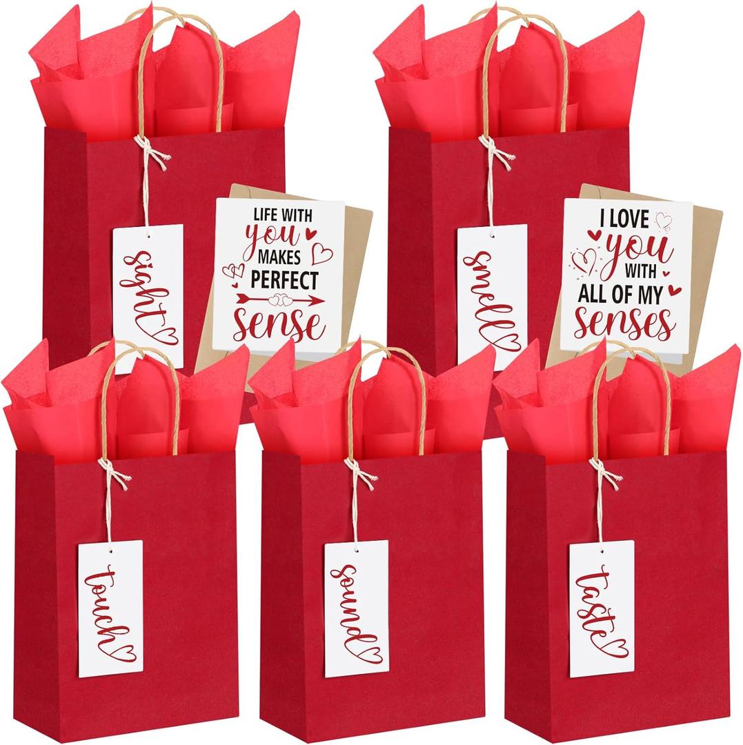 Kolldenn 5 Sense Gift Bags with 5 Sense Tags Wine Red Small Kraft Paper Bag Five Senses Gift Bags with Tissue Paper Greeting Card for Birthday Gifts Him Her Wedding Mothers Day Party, 6 x 3.2 x 8.3 In