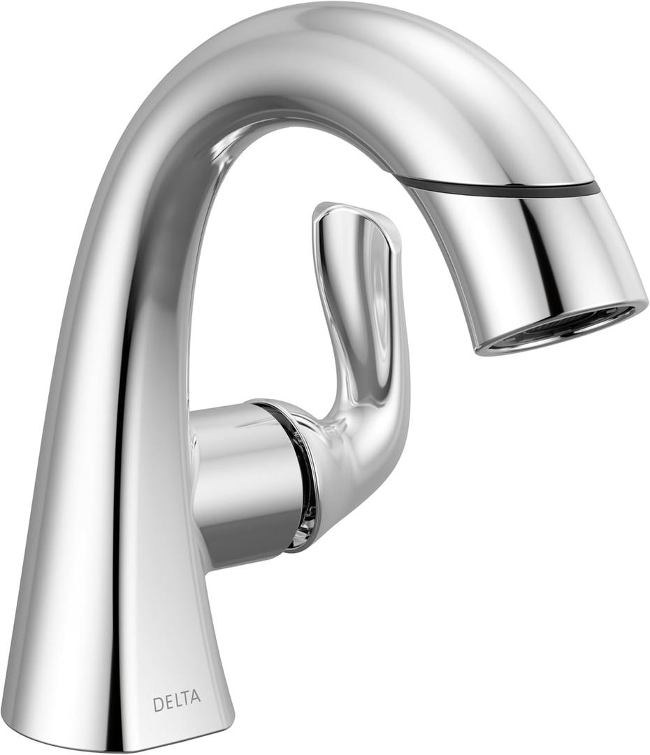Delta Arvo 1 Hole Pull Down Bathroom Faucet with Sprayer, Chrome Single Hole Bathroom Sink Faucet with Pull Out Sprayer for Vanity, Metal Push-Pop Drain, Chrome 15840LF-PD Chrome, Pull-Down Spout