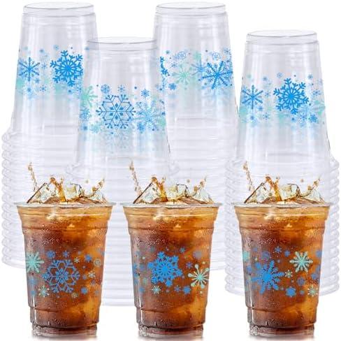 CIEOVO 28 Pack 12oz Winter Snowflakes Cups, Snowflakes Disposable Clear Plastic Cups with Pumpkin Bat for Christmas Frozen Theme Birthday Baby Shower Party Beer Beverage Ice Cream Snacks Decoration
