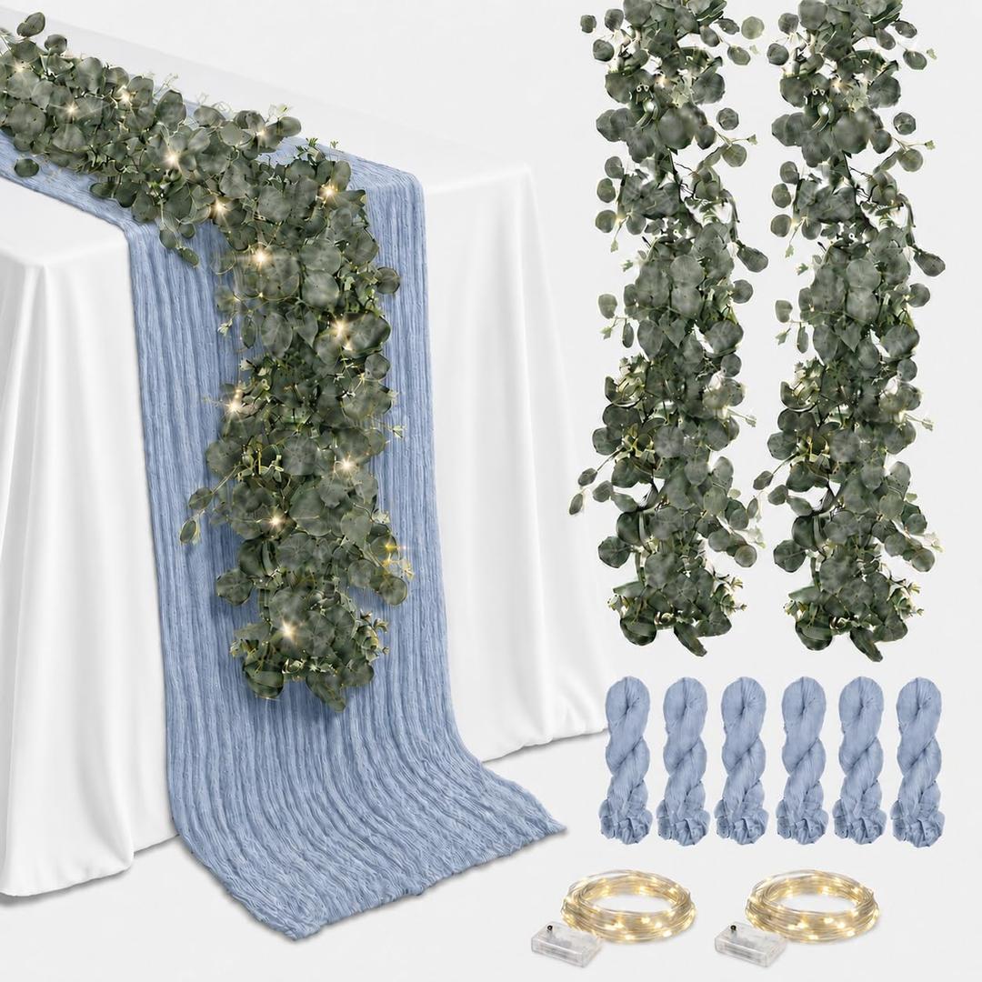 Cinrobiye 11pcs Cheesecloth Table Runner Set 120 Inch – Gauze Table Runner with Napkins, Eucalyptus Garland & String Lights for Wedding Baby Shower Table Decor, Rustic Boho