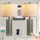24.5" Grey Lamps Set of 2, Modern Table Lamps for Living Room with USB C+A Ports, Creative Stripe Touch Lamps for Nightstand, 2 Bulbs Included