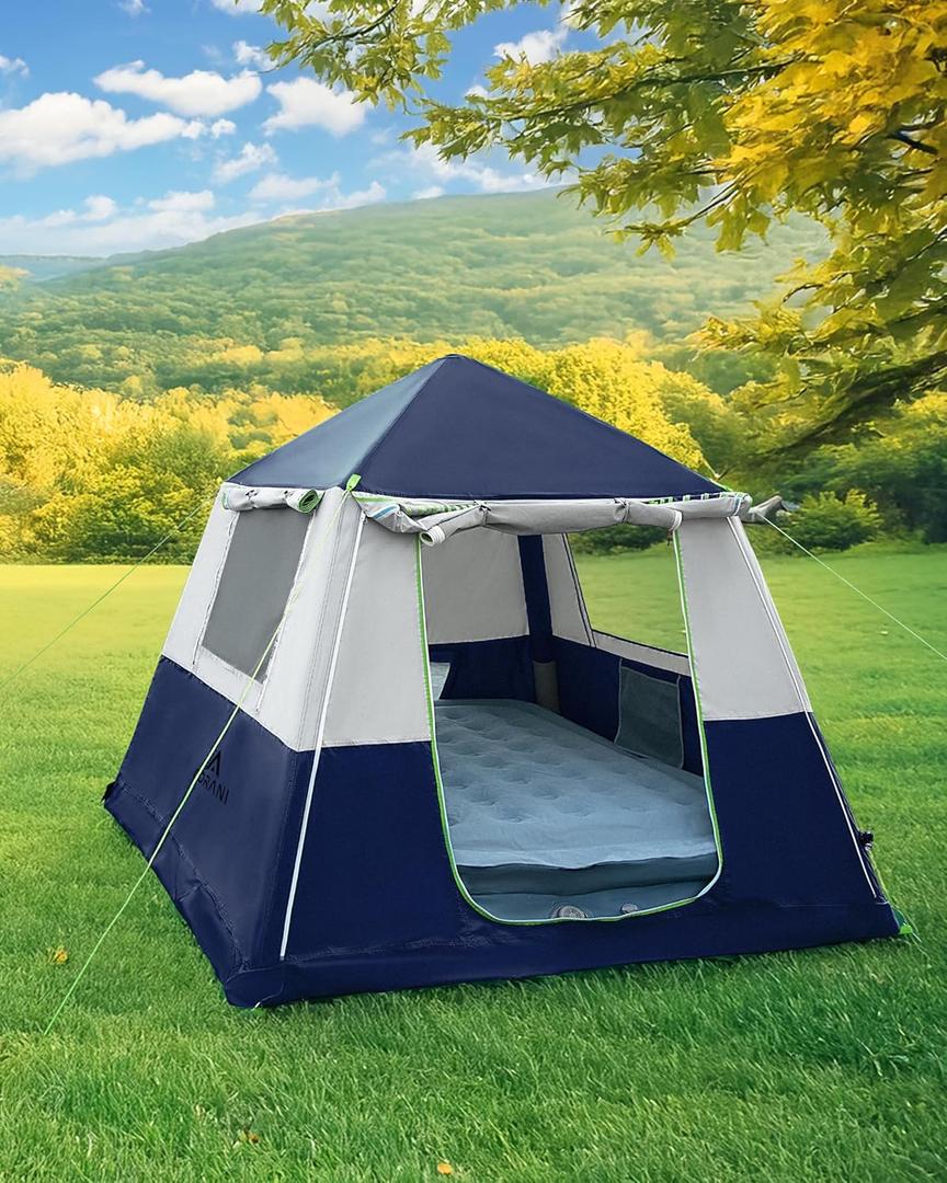 14.1'x6.5'x9' Inflatable Tents for Camping, Portable 4 Person Blow Up Air Tent, Waterproof Windproof Easy Setup Large Family Tent with 2 Doors, 6 Windows, Mosquito Screen (Navy Blue), Size: 4 person 7.5x7.5ft