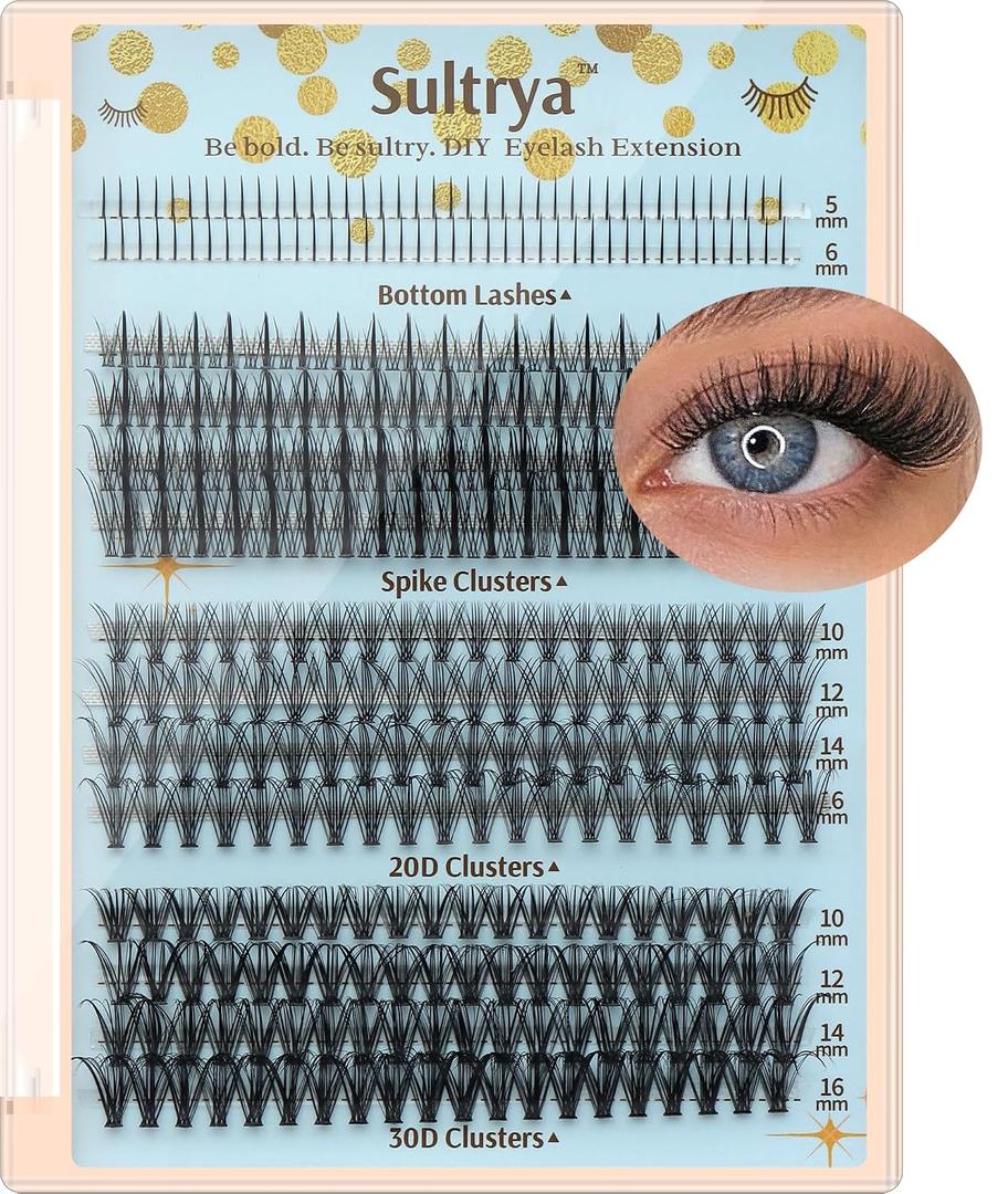 4 x Eyelash Extensions Lash Clusters Natural Mixed Individual False Eyelashes Multi-types Bottom Lashes Spike 20D 30D Clusters with 10-16mm Multiple Lengths Wispy Look Light Volume for Self Use