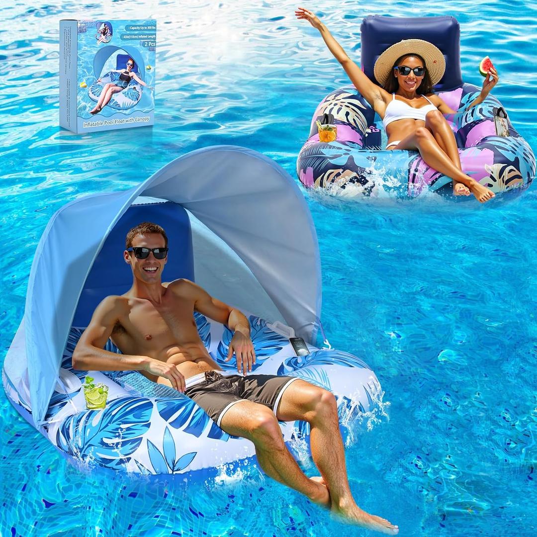 2025 Upgraded Pool Float with Canopy, 2 Cup Holders - XL Inflatable Pool Floats with Adjustable Sun Shade Cover, Dual Handles, Ergonomic Headrest, Heavy Duty Adult Floats for Pool, Beach, Lake (Tropical Blue+Pink)