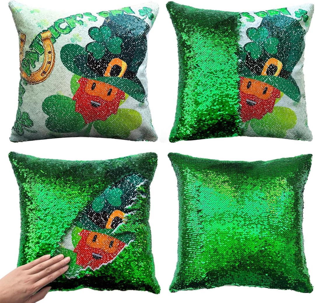 4 x St. Patrick's Day Glitter Sequin Pillow Cover 16x16 Inch - Reversible Sparkle Sequined Cushion Case for Irish Holiday Home Party Decor (Leprechaun)