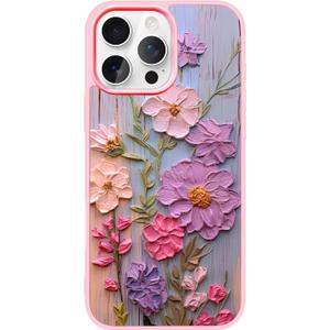 Case for iPhone 16 Pro, Cluster Floral Real Flowers Phone Case for Women, Slim Durable Protective Cover with Oil-Painting Art Design, Military-Grade Drop Protection, Pink 6.3"