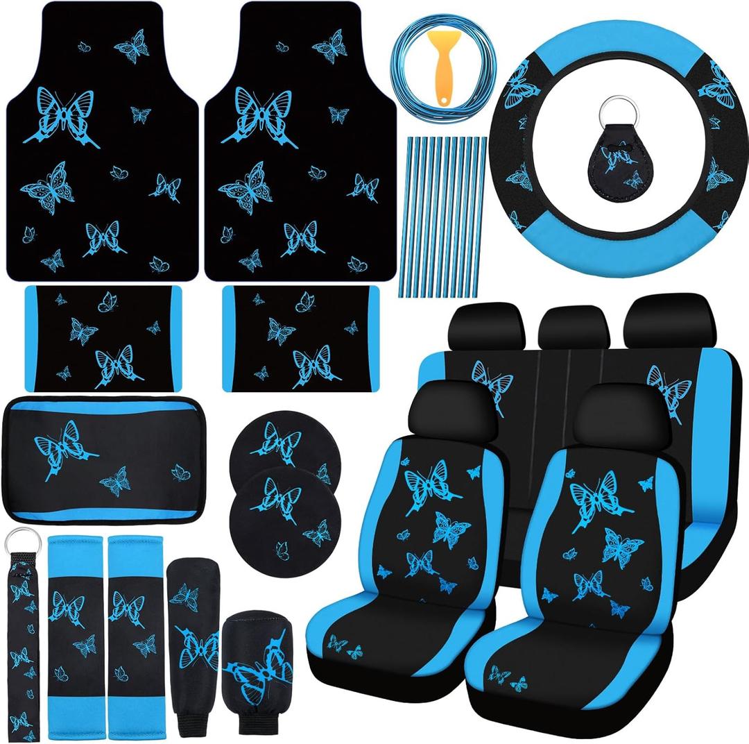 BBTO 47 Pcs Butterfly Car Seat Full Set Butterfly Car Accessories for Women 5 Front Rear Seat Covers Wrist Strap 2 Pieces Cup Mat Armrest Pad 2 Belt Cover Accessories for SUV(Lake Blue)