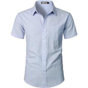 ZEROYAA Men's Fitted Cotton Like Linen Casual Short Sleeve Button Up Shirts Lightweight Beach Tops with Pocket S