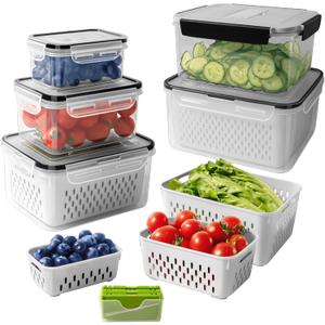 5 PCS Fruit storage Containers for Fridge with Removable Colander and Chopper Set, Leakproof Food Storage Containers with lids, Dishwasher & Microwave Safe Produce Containers to Keep Fruits Fresh