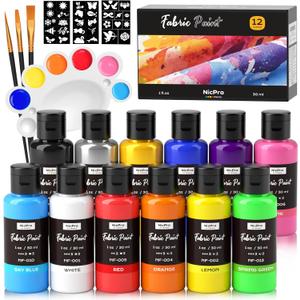 Nicpro 12 Colors Fabric Paint (1oz/30ml), Permanent Soft Fabric Paint Set with Brushes, Palette, Stencils, Non-Toxic Textile Paint for Fabric DIY Crafts, T-Shirts, Shoes, Jeans, Bags, Art Supplies
