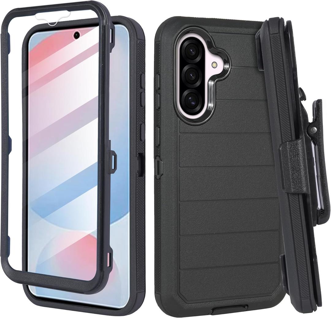 Kewtary for Samsung Galaxy A56 Phone Case with Screen Protector - Military-Grade Durable Belt Clip Holster, Shockproof Full Body Protection & Built-in Kickstand for Ultimate Safety (Pro Black)