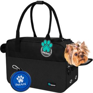 PetAmi Dog Purse Carrier for Small Dogs, Airline Approved Soft Sided Pet Carrier with Pockets, Ventilated Dog Carrying Bag for Puppy Cat, Dog Travel Supplies Bag, Sherpa Bed, Max 12 lbs, Black (One Size (Pack of 1))