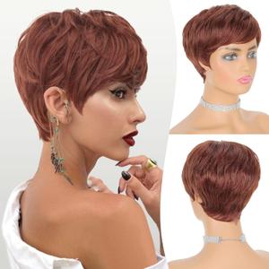 FESHFEN Pixie Cut Wigs Synthetic Short Copper Red Pixie Haircut Wig with Bangs Glueless Layered Wig Wavy Wigs for Women, Daily Cosplay Use