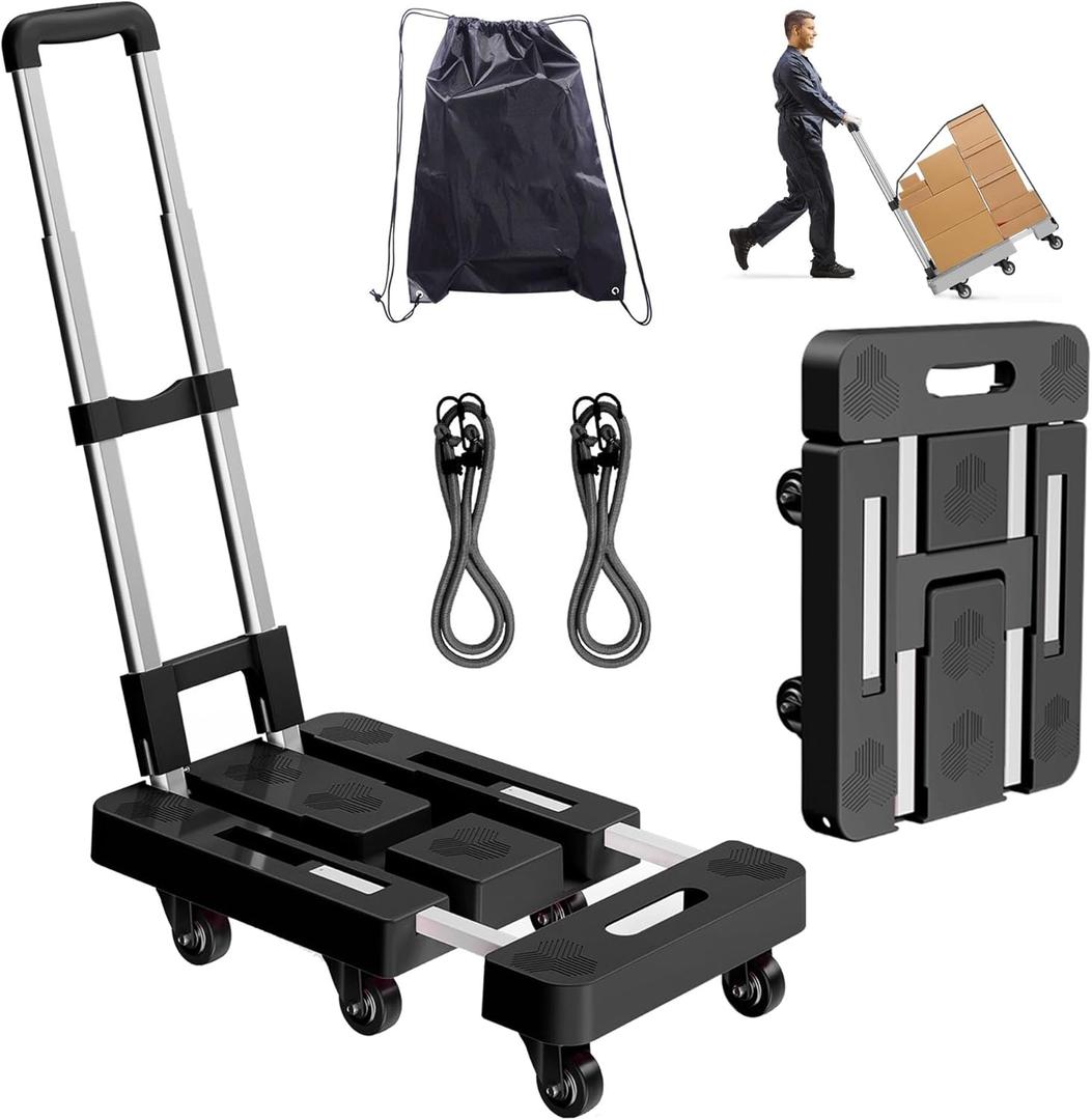 Folding Hand Truck, Foldable Cart for 500 lbs Heavy Luggage, Hand Truck Dolly, 6-Wheel Foldable Dolly with 2 Ropes, Ideal for Home, Office, and Travel Moving (Black)
