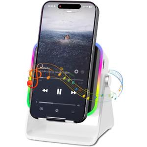 Wireless Induction Speaker 5-in-1 Bluetooth Speaker with Phone Holder, Surround Sound, 3500mAh, 8 RGB Ambient Lights, 360 Adjustable Stand, Holder for iPhone/Android/iPad Gifts for Men Women (White)
