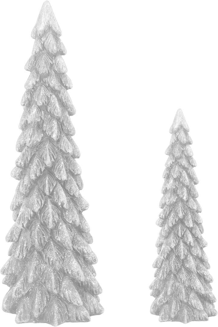 Christmas Trees Mini Resin Set of 2, Tabletop Christmas Figurines for Indoor Decor, Small Silver Xmas Trees for Mantle, Shelf, Centerpieces