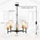 HOXIYA DIMMABLE PRE-Wired Plug in Chandelier with Clear Glass Shade Cord, 5 Light Modern Island Farmhouse Light Fixture, Black and Gold Pendant Ceiling Hanging Lighting for Dining Room