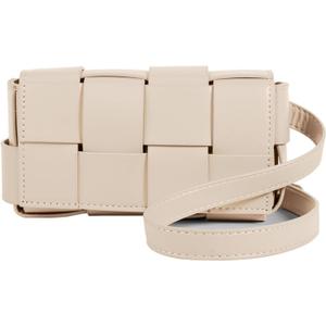 Mini Woven Crossbody Bag for Women, Square Shoulder Handbag Leather Clutch Purse Cute Fanny Packs with Adjustable Belt (Apricot)