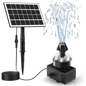 Jutai Solar Fountain Kit White Lights,3.5W Glass Solar Water Pump with 2000mAH Battery, Solar Bird Bath Fountain with Sucker and Stake for Garden, Outdoor, Water Feature-16.4ft Power Cord,7 Nozzles