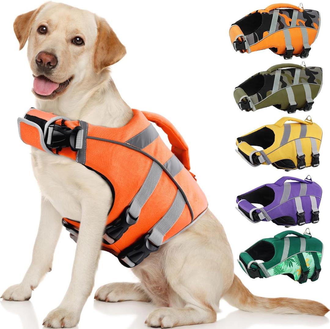 Kuoser Dog Life Jacket with Reflective Stripes, Adjustable High Visibility Dog Life Vest with High Flotation Swimsuit for Small Medium and Large Dogs (Small (Chest Girth:16.9-21.3''), 9#BrightOrange)